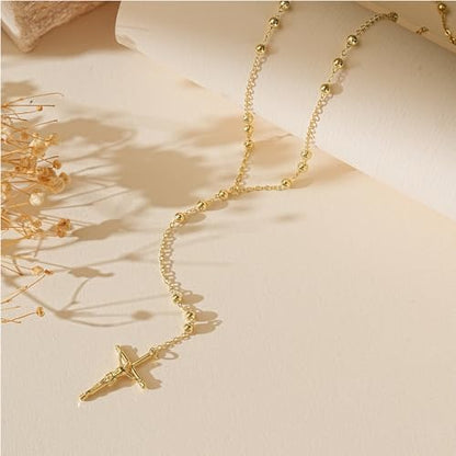 14K Gold Plated Layered Lariat Necklace for Women - Waterproof Non-Tarnish Dainty Gold Chain Necklace, Long Boho Statement Jewelry for Wedding, Prom, Summer Vacation Gifts - color: Cross Y Necklace-Gold
