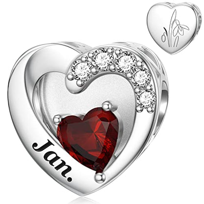 SEVENWELL Jan-Dec Birthstone Charms for Pandora Bracelets, Heart Charm | Fits Most European Charm Bracelets, Sparkling Heart CZ, Birth Flower Engraved, Gift Ready, Nickel-Free - color: January Birthstone Charm