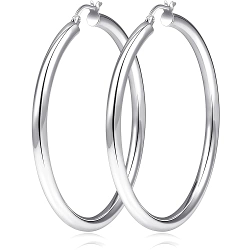 5 MM Wide Thick Chunky Gold Hoop Earrings for Women Trendy, Hypoallergenic Large Big Hoops with Sterling Silver Posts, Lightweight Hollow Tube Real Gold Hoop Jewelry 30/40/50/60/70 MM - color: Silver, size: 4mm-50mm