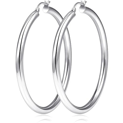 5 MM Wide Thick Chunky Gold Hoop Earrings for Women Trendy, Hypoallergenic Large Big Hoops with Sterling Silver Posts, Lightweight Hollow Tube Real Gold Hoop Jewelry 30/40/50/60/70 MM - color: Silver, size: 4mm-20mm