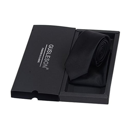 GUSLESON 2.4" Slim Necktie and Handkerchief Set For Men Solid Skinny Tie Set - color: Black