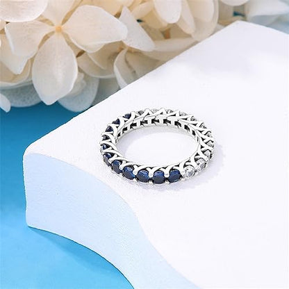 KUNSIR 925 Silver Cubic Zirconia Ring Size 7-9 Wedding Band Sterling Silver Eternity Ring Modern Style - style: Zircon Blue Silver Ring