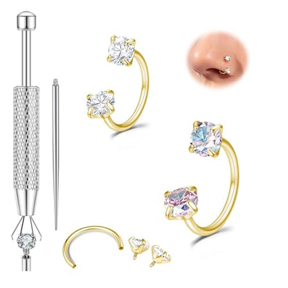 Titanium Horseshoe Nose Ring 20g, Gold Silver Nose Rings Hoops with Double CZ Gems Hypoallergenic Septum Ring for Women Men, Small Cartilage Helix Tragus Daith Labret Piercing Jewelry 7mm 8mm 9mm - color: Gold-CZ+AB