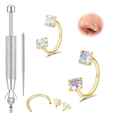 Titanium Horseshoe Nose Ring 20g, Gold Silver Nose Rings Hoops with Double CZ Gems Hypoallergenic Septum Ring for Women Men, Small Cartilage Helix Tragus Daith Labret Piercing Jewelry 7mm 8mm 9mm - color: Gold-CZ+AB