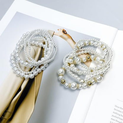 Pearls Bracelets for Women Simulated White Pearl Beaded Bracelet Stack Stackable Stretch Pearl Jewelry Set Multilayered Elastic Gold Pearls Bracelet Set for Prom Party Christmas Gift - style: 10G