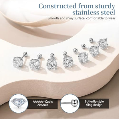 7 Pairs 20G Stainless Steel Stud Earrings Set Cubic Zirconia CZ Earrings Multi Size 2mm-8mm - color: Silver, size: Leisure