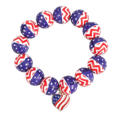 4th of July Wooden Bead Bracelet, American Flag Pattern Chunky Beaded Stretch Bracelet, Patriotic Independence Day Jewelry for Women(Heart-Bead Diameter 0.63 inches)