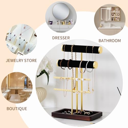 modern T-shaped jewelry rack, jewelry tower, gold metal, square ceramic base decoration display tower, necklace, bracelet, ring storage rack (2-layer black velvet) - style: 2-layer black velvet
