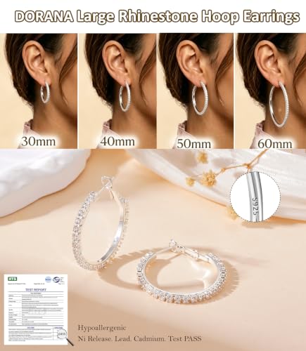 3mm 925 Sterling Silver Big Cubic Zirconia Hoop Earrings for Women Large Rhinestone Hoop Earrings 14K Gold Plated Hypoallergenic Lightweight 30mm/40mm/50mm/60mm - color: Silver-30mm