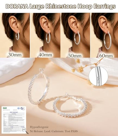 3mm 925 Sterling Silver Big Cubic Zirconia Hoop Earrings for Women Large Rhinestone Hoop Earrings 14K Gold Plated Hypoallergenic Lightweight 30mm/40mm/50mm/60mm - color: Silver-30mm