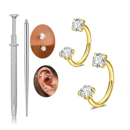 6mm 7mm 8mm 20g Horseshoe Nose Ring Hoop 18 gauge Double Gem Horse Shoe Nose Rings for Women Surgical Steel Half Hoop U Shape Small Silver Gold Tragus Earring Helix Piercing Jewelry Septum Ring - color: B2- 18g 7mm -2pcs gold