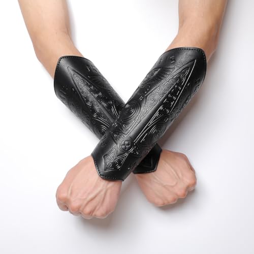 Medieval Leather Bracers Dragon Embossed Viking Leather Bracers Leather Arm Armer Cuff Leather Gauntlet Costumes Accessories - style: Medieval Sward Pattern Leather Bracers-black