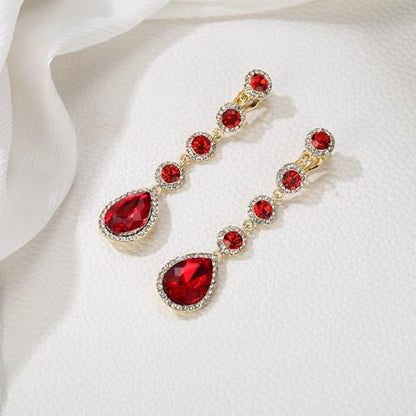 EleQueen Women's Wedding Crystal Teardrop Pear Shape 3 Inch Clip on Long Dangle Earrings for Bride Bridesmaid, Jewelry for Party Prom/Anniversary - color: Red Gold-Tone