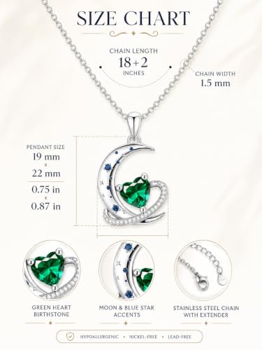 Birthstone Necklace for Women White Gold Moon and Star Pendant Moon Jewelry Anniversary Birthday Gifts for Mom Wife Her - color: 05. May - Emerald
