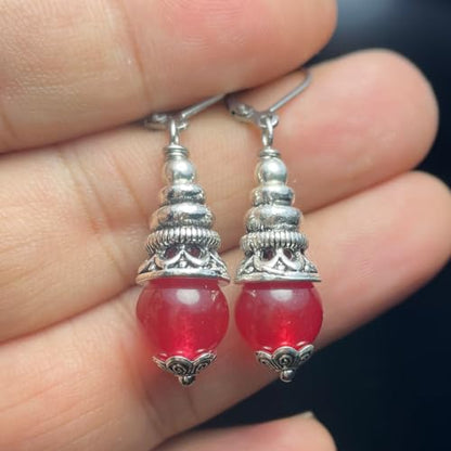 Natural 10mm Stone Beads Drop Earrings,Retro Silver Round Quartz Crystal Gemstone Beads Dangle Earrings for Women - color: A12_Red Quartz Jasper