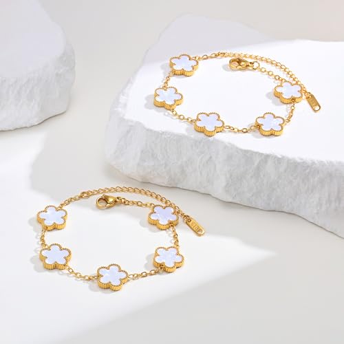 Women Gold Bracelets Jewelry Set - 3Pcs 18K Gold Plated Floral Bracelet,Stainless Steel Charm Bracelet Non-Tarnish,Adjustable Lucky Chain Trendy Gift,Christmas Valentines Birthday Gifts for Girlfriend - style: White-2pcs