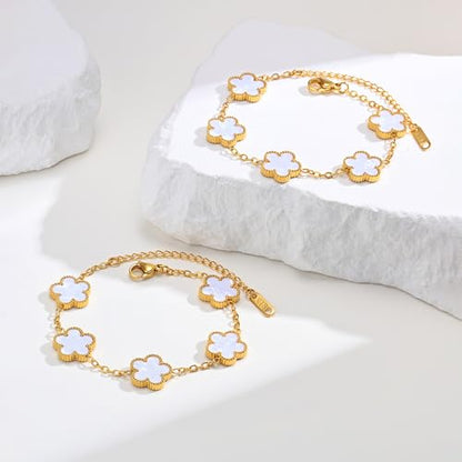 Women Gold Bracelets Jewelry Set - 3Pcs 18K Gold Plated Floral Bracelet,Stainless Steel Charm Bracelet Non-Tarnish,Adjustable Lucky Chain Trendy Gift,Christmas Valentines Birthday Gifts for Girlfriend - style: White-2pcs