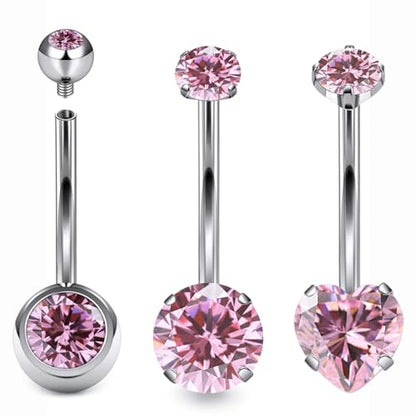 Belly Button Rings Surgical Steel Internally Threaded Belly Button Ring 10MM/12MM/14MM/16MM Navel Rings for Women Clear CZ 14G Long Bar Navel Piercing Jewelry - color: pink, size: 14mm bar length