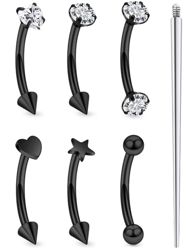 16G Eyebrow Ring Piercing Jewelry Surgical Steel Internal Thread CZ Heart Star Vertical Labret Lip Ring Rook Daith Earrings Belly Button Ring Piercing Jewelry for Women Silver Black Gold - color: Black, size: 16G, 8mm Length, 3mm CZ