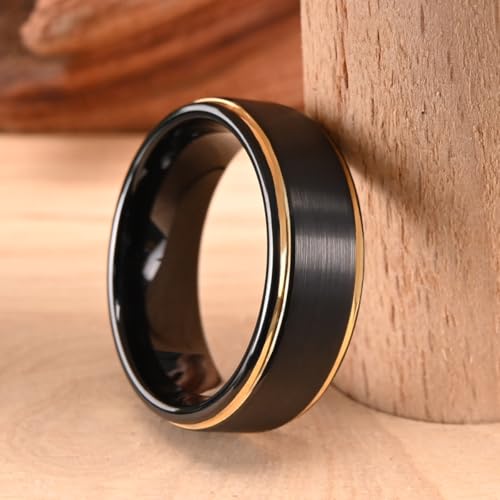 Tungsten Rings for Men Black Golden/Silver Blue Wedding Band | 7MM Mens and Women Engagement Wedding Rings Matte Brushed and High Polish Suitable for Couples' Anniversaries and Parties - color: 8mm black