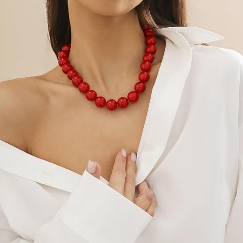 Red Beaded Necklace for Women Chunky Beaded Necklace Adjustable Acrylic Bead Choker Necklaces Big Statement Necklaces Jewelry Accessories - color: 18MM Chunky Red Necklace