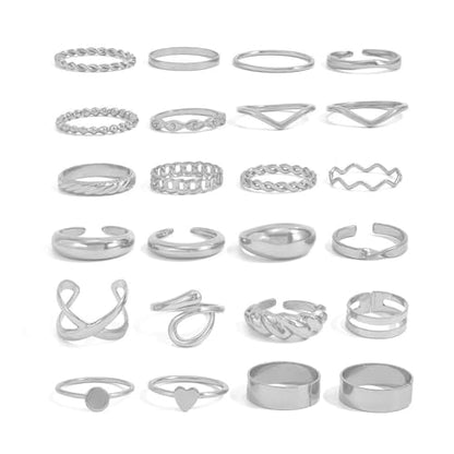 Gold Rings for Women Non Tarnish Stackable Rhinestone Moon Star Rings Dainty Stacking Pearl Butterfly Midi Pinky Thumb Joint Finger Knuckle Ring Set Gold Non Tarnish Jewelry Gifts Trendy Stuff - color: F Silver Stackable Rings 24Pcs