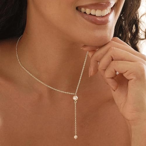 Pearl Necklace for Women, Dainty Pearls Choker Necklace for Women 14K Gold Plated Layered Pendant Necklace Handmade Gold Chain Necklace Everyday Jewelry Gift - color: Y Two Pearls-Gold