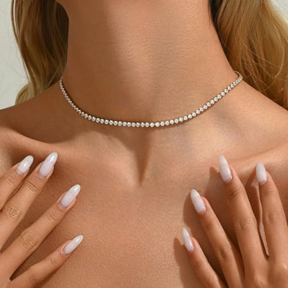 3mm Cubic Zirconia Tennis Necklace for Women, Dainty Adjustable 18K Gold Plated/Silver CZ Tennis Necklace, Hypoallergenic Iced Out Everyday Jewelry Gift for Her Wedding Party - color: 36cm Tennis Choker-Gold