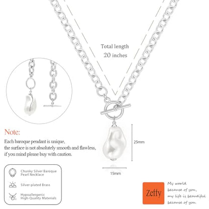 Zeffy 14K Gold/Silver Plated Chunky Thick Chain Toggle Clasp Necklace Dainty Baroque Pearl/Heart/Cross/Turquoise Pendant Necklace - color: Silver Baroque Pearl Necklace