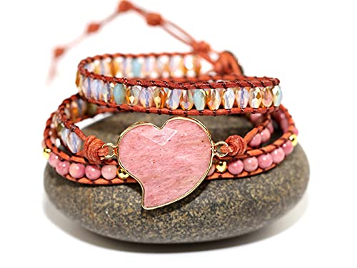 Women Wrap Bracelets Boho Natural Stone Jasper Turquoises Strand Bracelet Jewelry Collection - color: Rhodochrosite