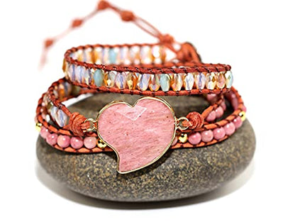 Women Wrap Bracelets Boho Natural Stone Jasper Turquoises Strand Bracelet Jewelry Collection - color: Rhodochrosite