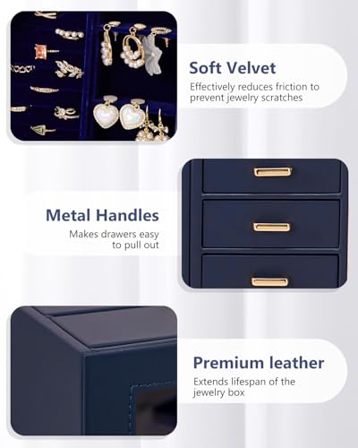 Homde Large Jewelry Box/Organizer/Case with Glass Window, Drawers for Necklaces Earrings Rings Bracelets Watches Gift for Women Girls - color: Dark Blue