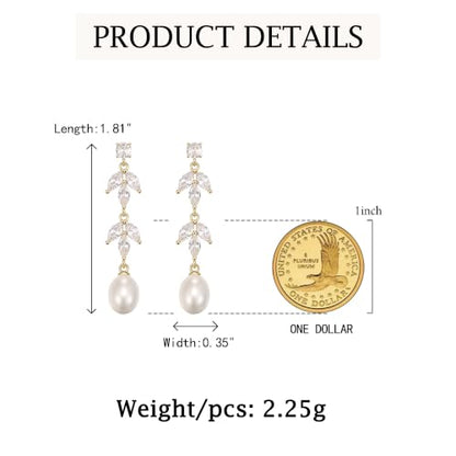 Crysdue Simulated Pearl Earrings for Women, Dainty Silver/Gold/Rose Gold Plated Cubic Zirconia Drop Dangle Earrings Wedding Jewelry for Bride Bridesmaid - style: I_CZ+Pearl, Gold