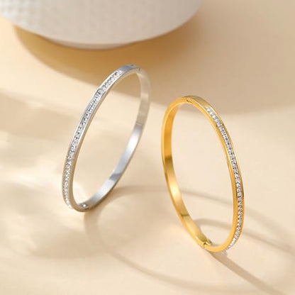 Gold Bracelets for Women, 18K Gold Plated Cubic Zirconia Bangle Bracelets Stainless Steel Eternity Crystal Oval Bracelet Cuff Bracelets for Women Jewelry - color: Half CZ Bangle-Gold