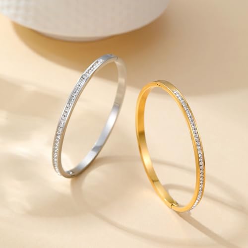 Gold Bracelets for Women, 18K Gold Plated Cubic Zirconia Bangle Bracelets Stainless Steel Eternity Crystal Oval Bracelet Cuff Bracelets for Women Jewelry - color: Half CZ Bangle-Gold