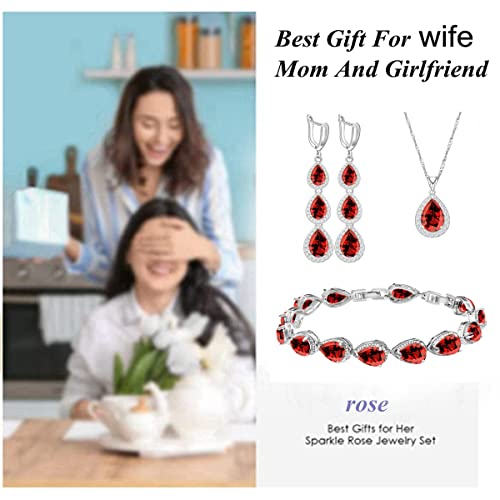 LMXXVJ Necklace Long Earrings Bracelet Set, White Gold Plated Created Blue Sapphire Jewelry Set Wedding Party Gift Jewelry for Women Bridal Bridesmaid - color: Garnet Red