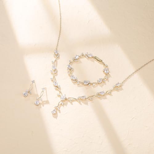 Crysdue Wedding Jewelry Set for Brides Bridesmaid, Cubic Zirconia Teardrop Marquise Leaf Cluster Pendant Necklace Bridal Tennis Bracelet Drop Earrings for Women Party Prom - style: A- CZ set- gold