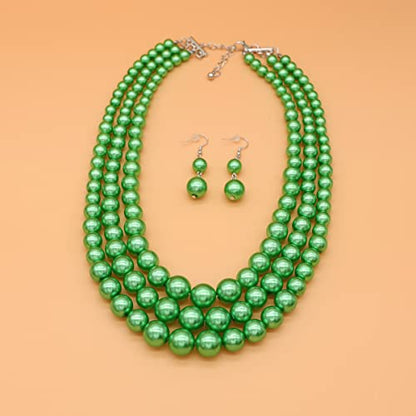 Chunky Layered Imitation Pearl Necklace for Women 3 strand Pearl Necklaces Faux Pearl Necklace Earrings Set 1920s Flapper Gatsby Costume Accessories - color: 3 strand pearl necklace green
