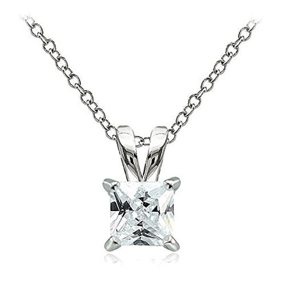 Hoops & Loops Sterling Silver, Yellow Gold Flash or Rose Gold Flash CZ Cubic Zirconia Square Solitaire Pendant Necklace - style: 7mm-Silver