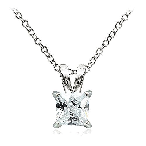 Hoops & Loops Sterling Silver, Yellow Gold Flash or Rose Gold Flash CZ Cubic Zirconia Square Solitaire Pendant Necklace - style: 7mm-Silver