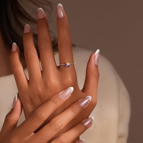 925 Sterling Silver Adjustable Link Chain Rings for Women Daughter | Dainty 14k Gold Plated Evil Eye/Cross/Flower Ring Sparkly Twist Rope with Bead Dangle Stackable Ring Jewelry Birthday Gifts - color: Style 6-Rainbow