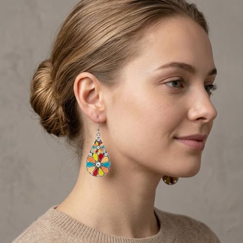 Colorful Green Teardrop Earrings for Women - Bohemian Style Enamel Dangle Earrings Lightweight Fashion Jewelry for Daily/Wedding/Party - color: yellow red blue