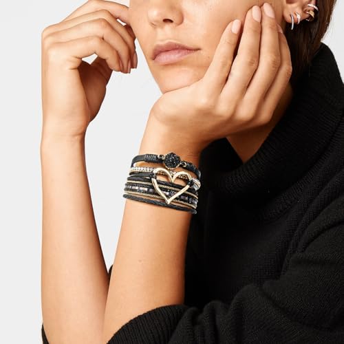 Suyi Multilayer Leather Wrap Bracelet Heart-Shape Wide Bracelets for Women - color: Black