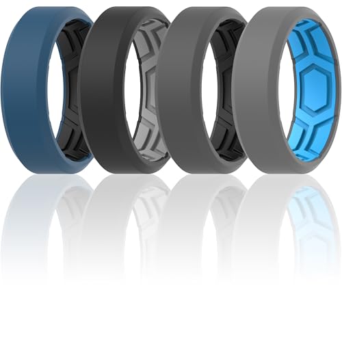 ThunderFit Men Breathable Air Grooves Silicone Rings Wedding Bands 8mm Wide | 2.4mm Thick Rubber Rings, Available in 1, 2, 3, 4, 6 & 7 Packs, Comfortable Fit, Durable & Flexible Silicone - color: Pack A: Charcoal Black / Dark Grey, Graphite Grey / Charcoa
