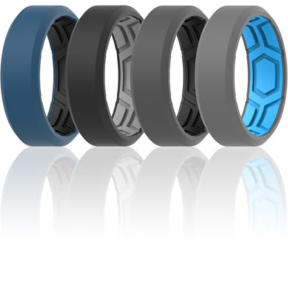 ThunderFit Men Breathable Air Grooves Silicone Rings Wedding Bands 8mm Wide | 2.4mm Thick Rubber Rings, Available in 1, 2, 3, 4, 6 & 7 Packs, Comfortable Fit, Durable & Flexible Silicone - color: Pack A: Charcoal Black / Dark Grey, Graphite Grey / Charcoa