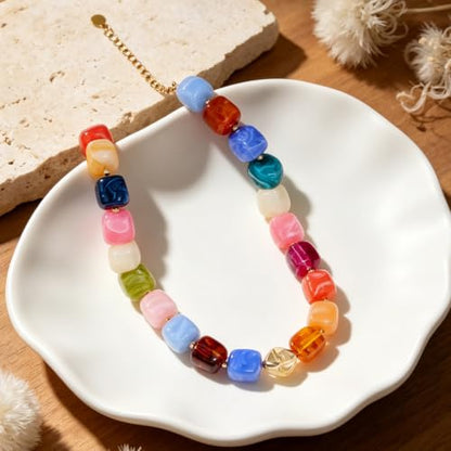 Chunky Beaded Necklace for Women,Square Resin beads boho Choker Necklace with gold-tone spacers,Fashion Trendy Summer Beach Party Necklaces Handmade Surfer Beach Necklaces Jewelry Gifts - color: Colorful