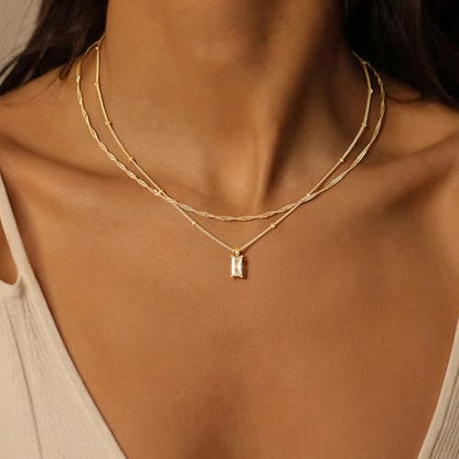 Yoosteel Layered 14K-Gold-Plated Necklace for Women,CZ Necklaces Stack | Dainty Cubic Zirconia Pendant Necklace,Simple Chain Choker Stackable,Trendy Jewelry,Wedding Bridesmaid Gifts - color: Layered Rectangle CZ