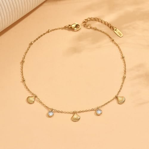 18K Gold Plated Waterproof Summer Beach Ankle Bracelets for Women | Starfish Sea Shell Pearls CZ Diamond Dangle Anklets - style: Shell CZ Drop-Gold