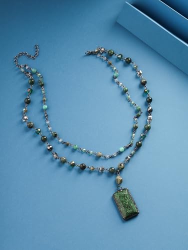 MINACHI Boho Layered Necklace with Green Aventurine-Toned Pendant, Handmade Beaded Chain Jewelry, Vintage Hippie Necklace for Women