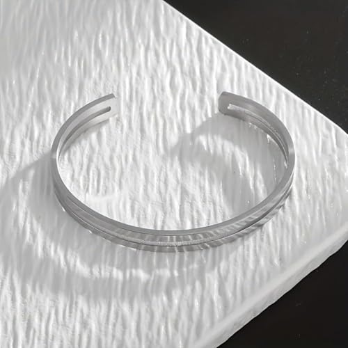 Simple polished titanium steel open bracelet, stainless steel C-shaped bracelet, adjustable double line bracelet, suitable for daily wear or gift giving, suitable for both men and women - color: silver